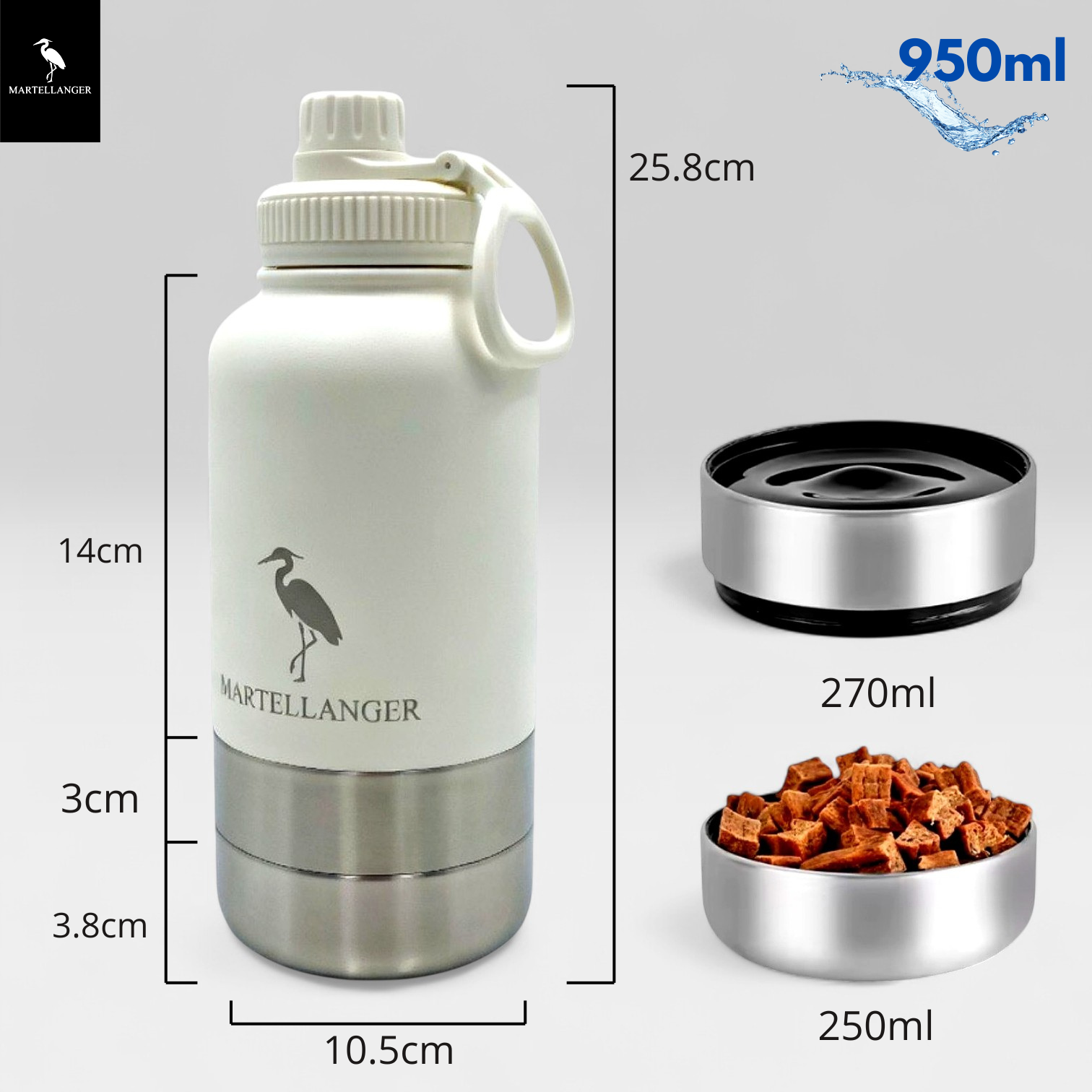 Botella Martellanger 950ml con medidas y compartimentos para agua y comida