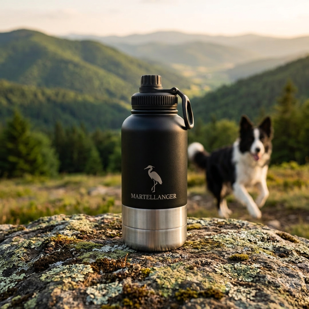 Botella 3en1 para perros Martellanger sobre musgo en la montaña